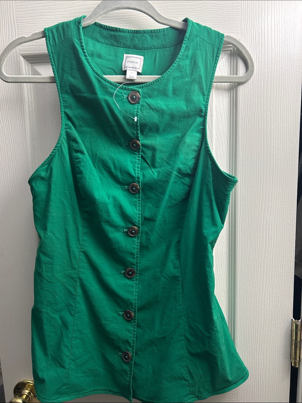 Maeve Emerald Green Sleeveless Button-Front Cotton Top